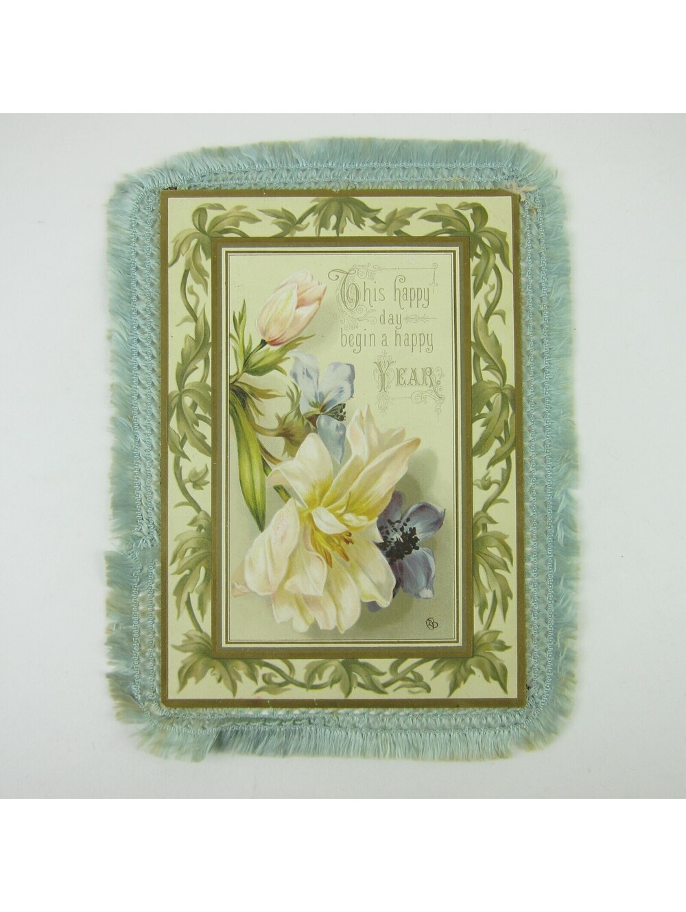 Victorian Card XL New Years Flowers Blue Silk Fringe Double Sided Antique 1886